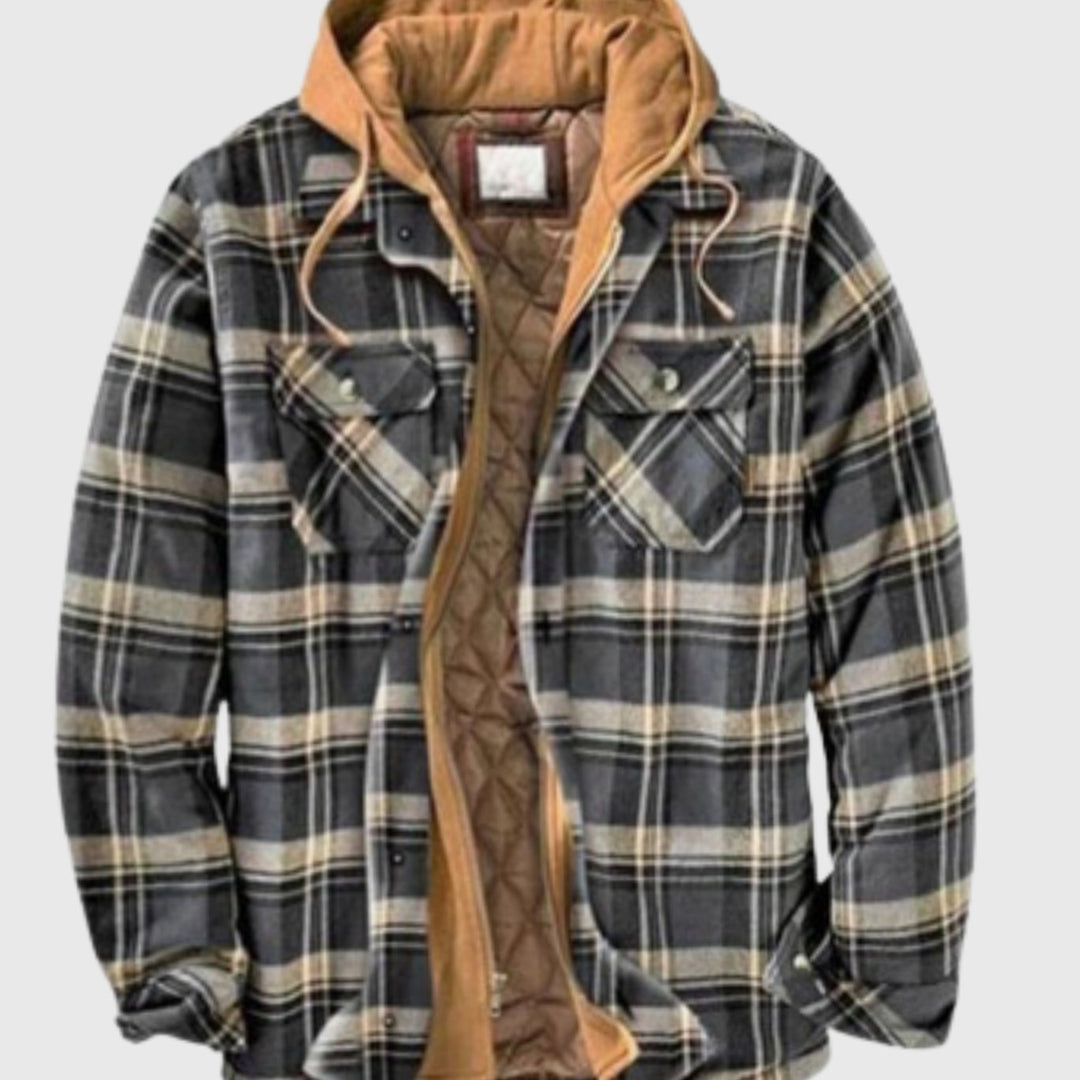 Herren Karierte Wattierte Hemdjacke zum Knöpfen mit Kapuze - Grau