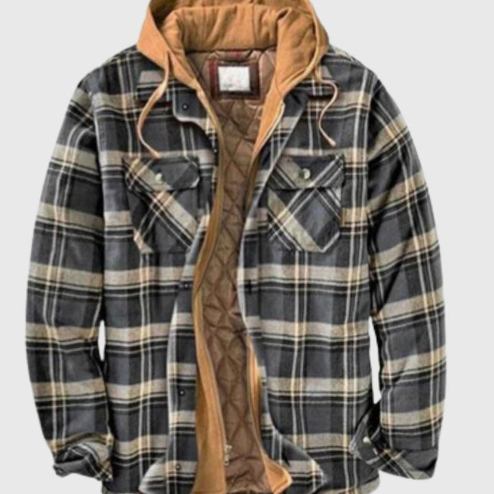 Herren Karierte Wattierte Hemdjacke zum Knöpfen mit Kapuze - Grau