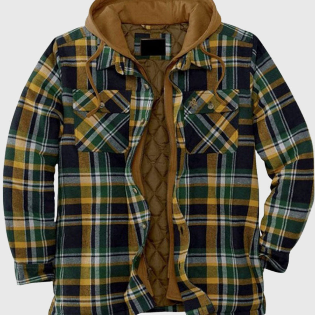 Herren Karierte Wattierte Hemdjacke zum Knöpfen mit Kapuze - Grün