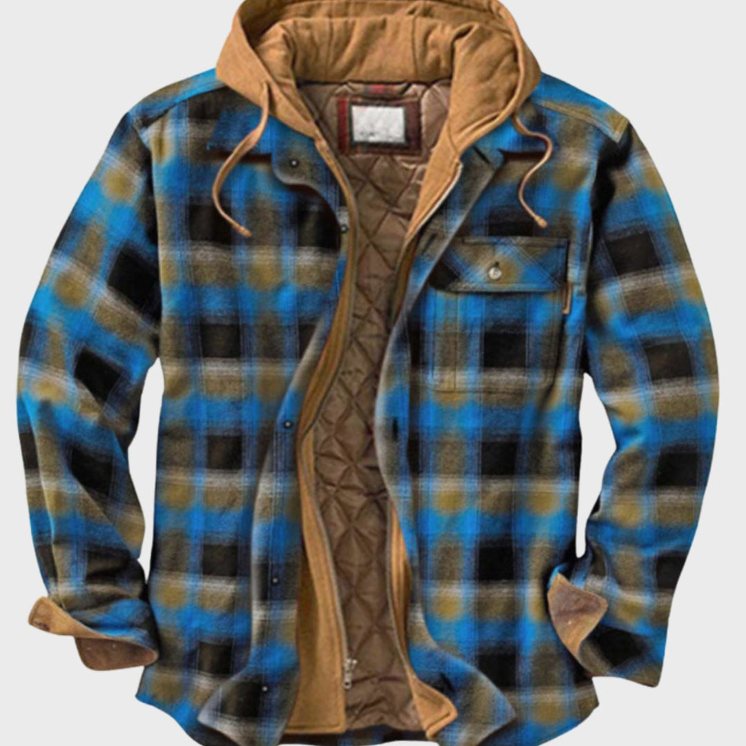 Herren Karierte Wattierte Hemdjacke zum Knöpfen mit Kapuze - Blau/Khaki