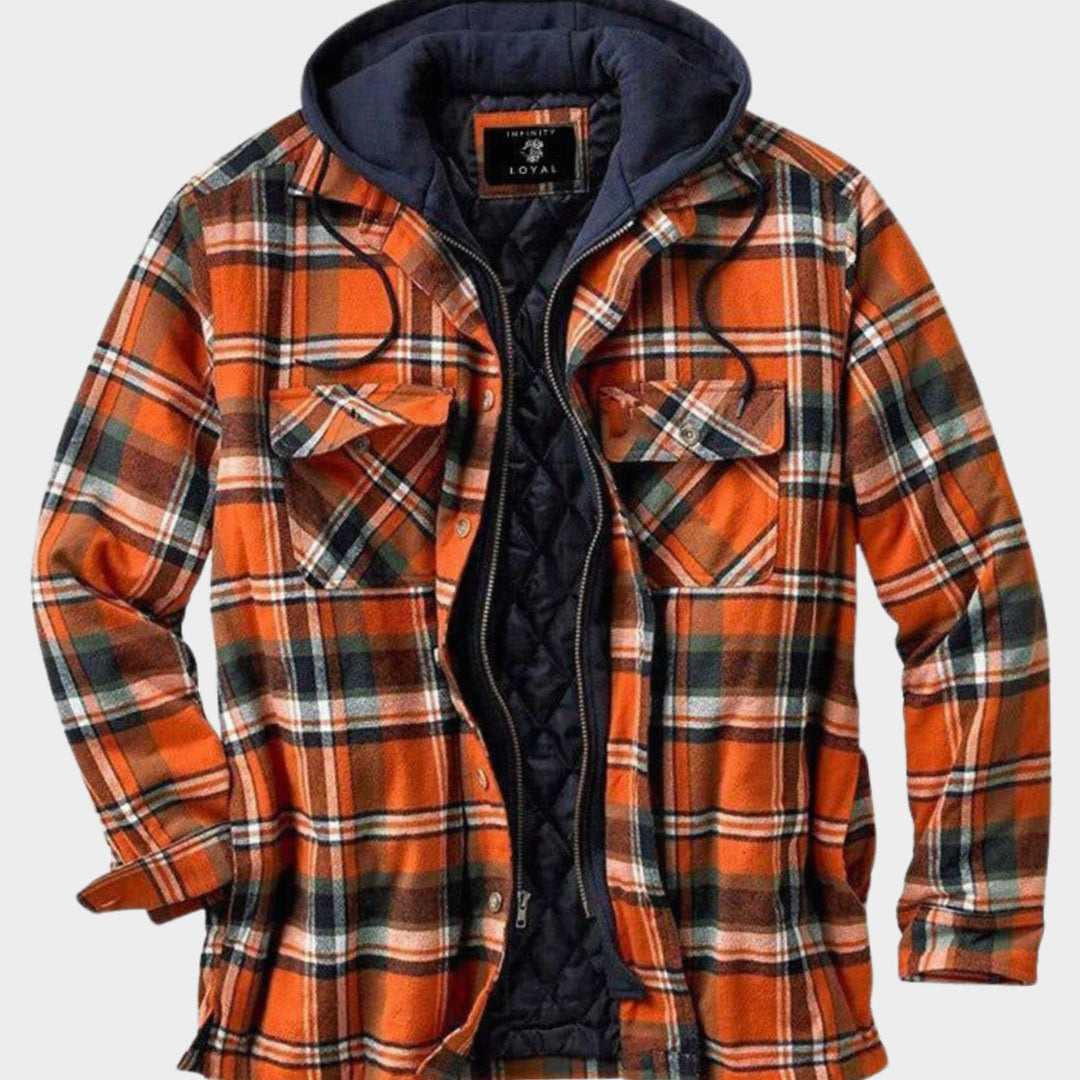 Herren Karierte Wattierte Hemdjacke zum Knöpfen mit Kapuze - Orange