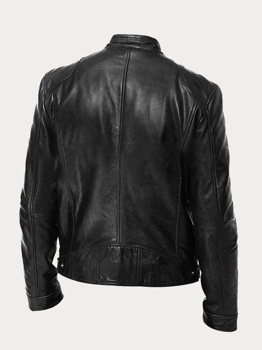 Herren Klassische Echtleder Bikerjacke mit Stehkragen Reißverschluss