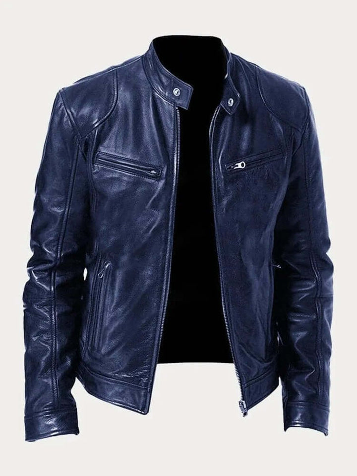 Herren Klassische Echtleder Bikerjacke mit Stehkragen Reißverschluss - Dunkelblau