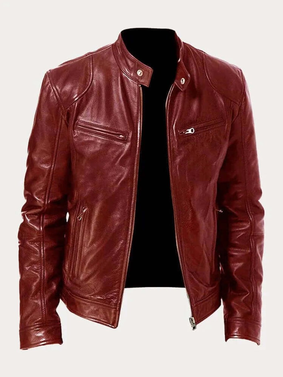 Herren Klassische Echtleder Bikerjacke mit Stehkragen Reißverschluss - Burgunderrot