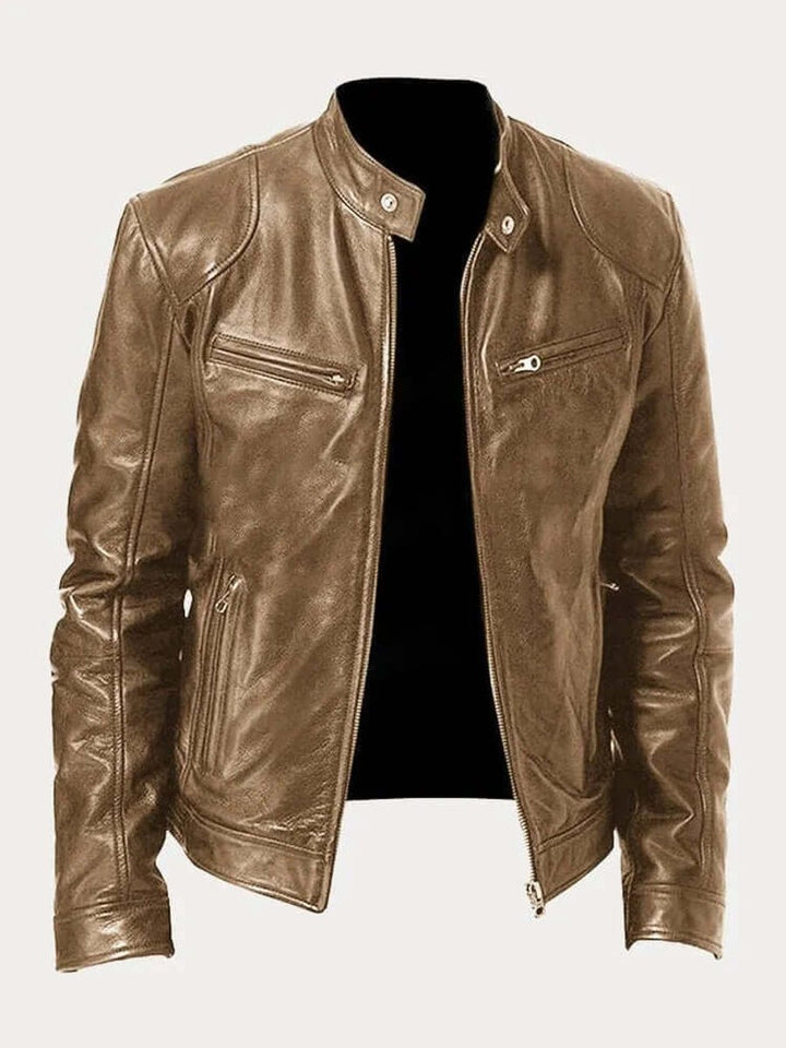 Herren Klassische Echtleder Bikerjacke mit Stehkragen Reißverschluss - Khaki