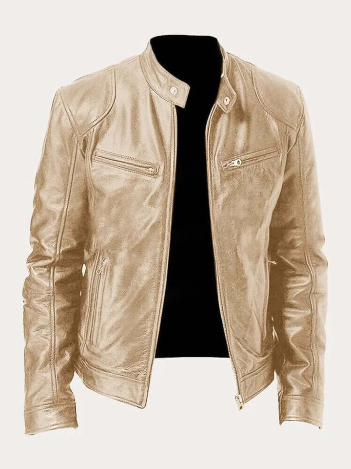 Herren Klassische Echtleder Bikerjacke mit Stehkragen Reißverschluss - Gold