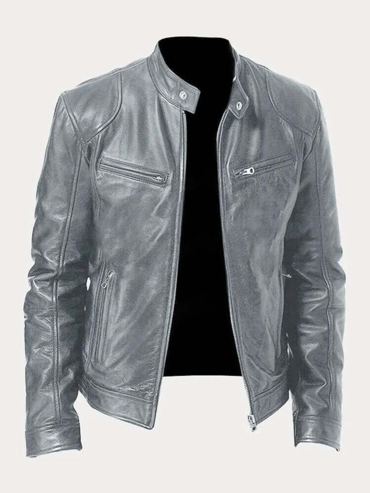 Herren Klassische Echtleder Bikerjacke mit Stehkragen Reißverschluss - Grau