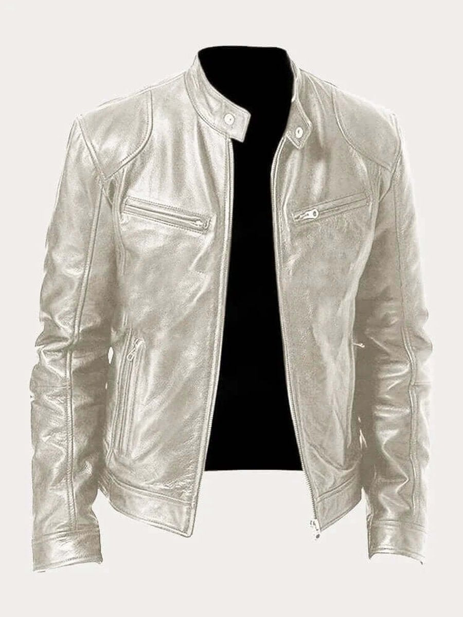 Herren Klassische Echtleder Bikerjacke mit Stehkragen Reißverschluss - Silber