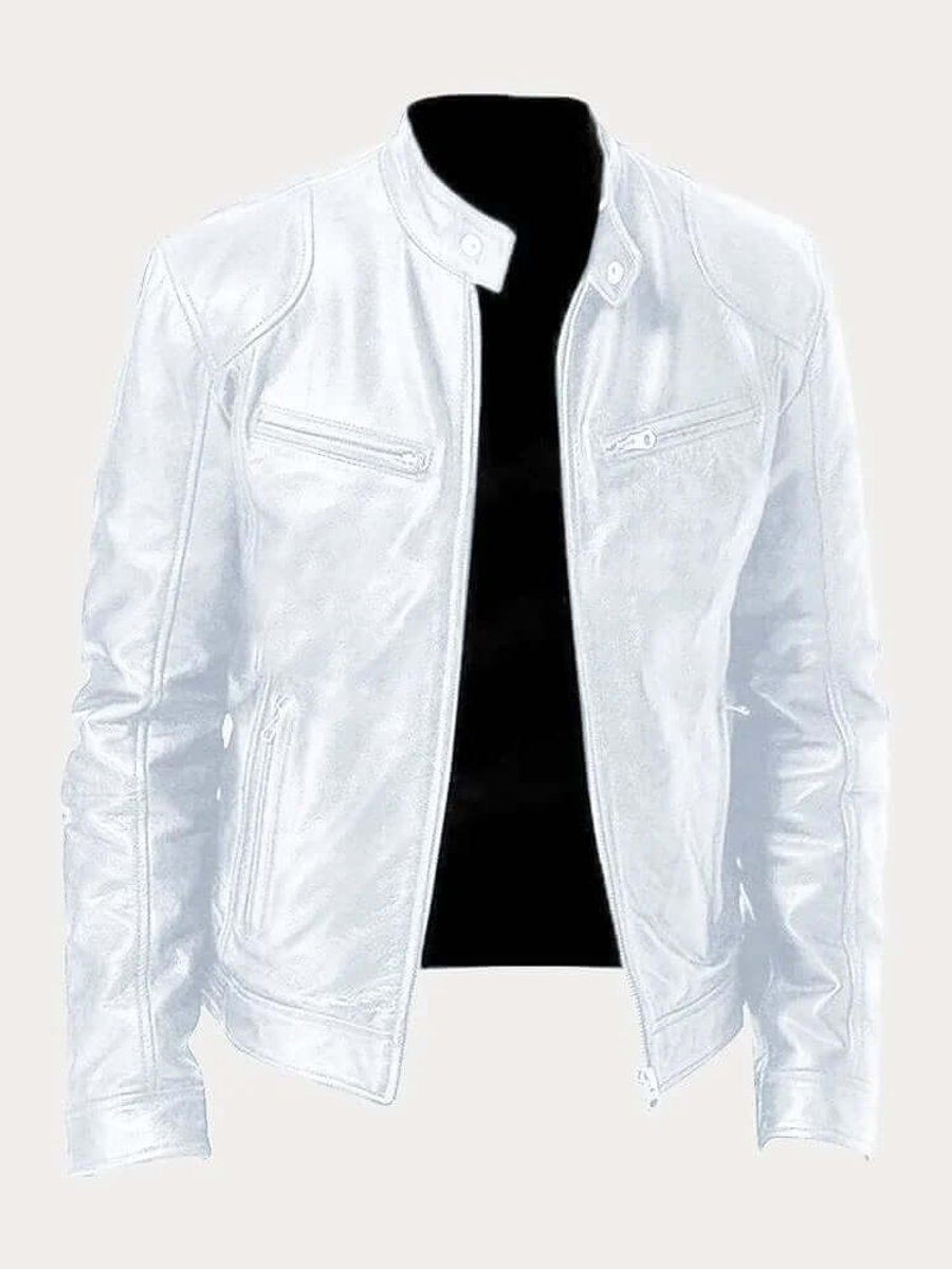 Herren Klassische Echtleder Bikerjacke mit Stehkragen Reißverschluss - Weiß