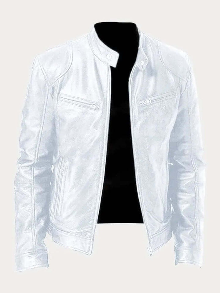 Herren Klassische Echtleder Bikerjacke mit Stehkragen Reißverschluss - Weiß