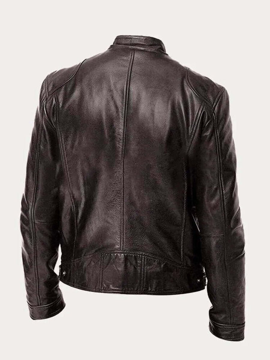Herren Klassische Echtleder Bikerjacke mit Stehkragen Reißverschluss