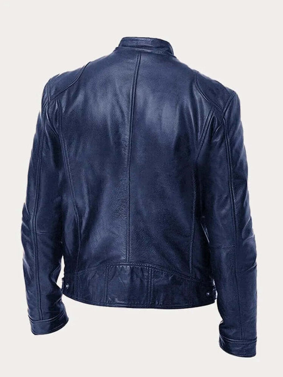 Herren Klassische Echtleder Bikerjacke mit Stehkragen Reißverschluss
