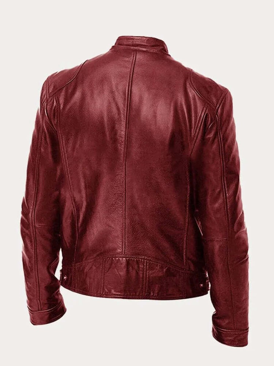 Herren Klassische Echtleder Bikerjacke mit Stehkragen Reißverschluss