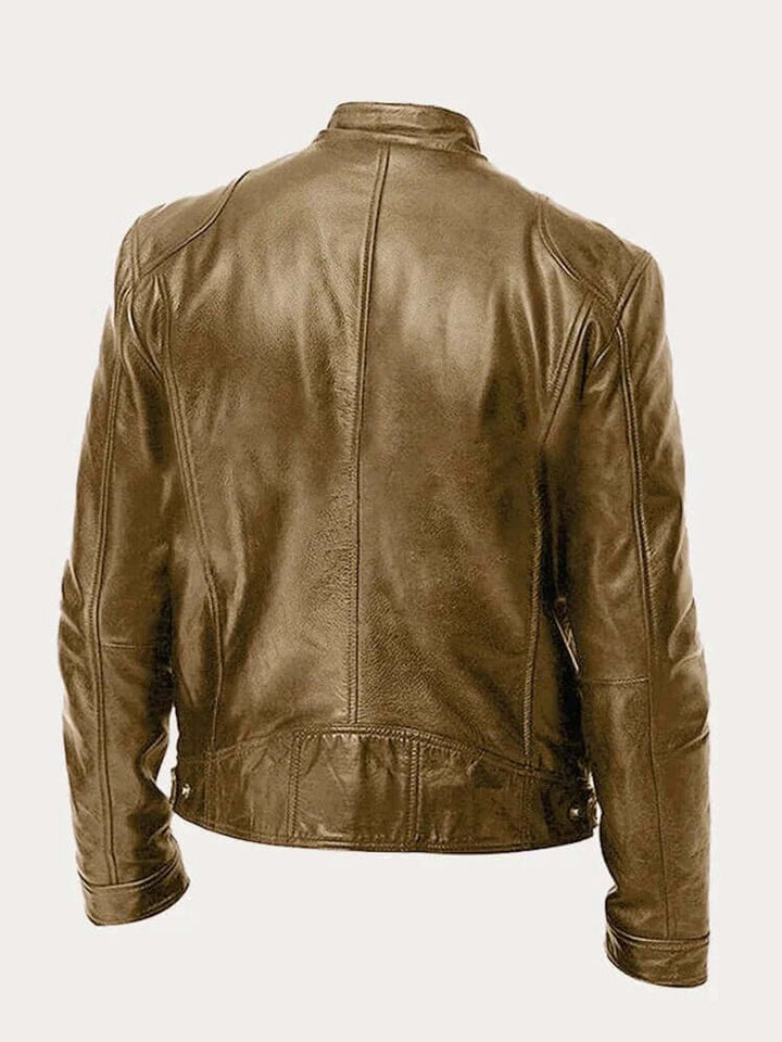 Herren Klassische Echtleder Bikerjacke mit Stehkragen Reißverschluss