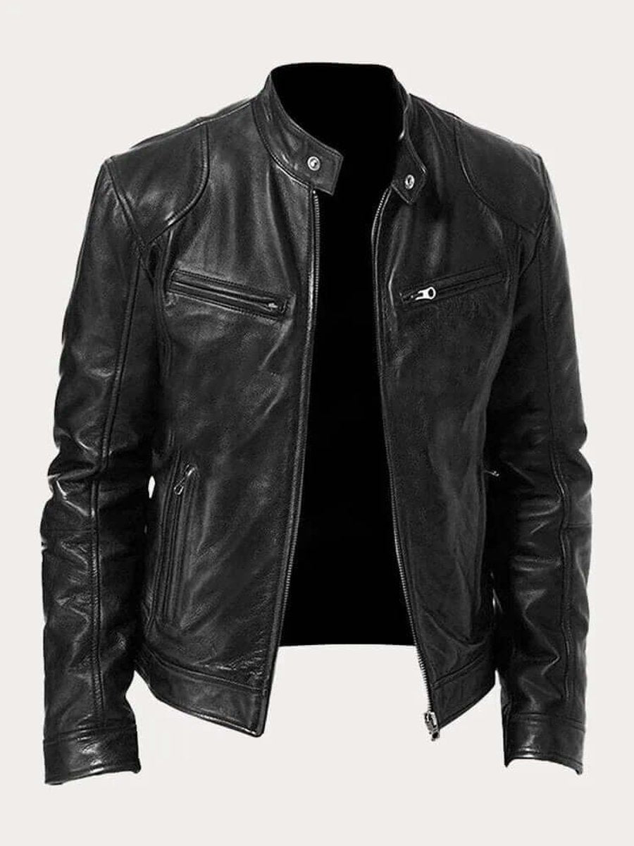 Herren Klassische Echtleder Bikerjacke mit Stehkragen Reißverschluss - Schwarz