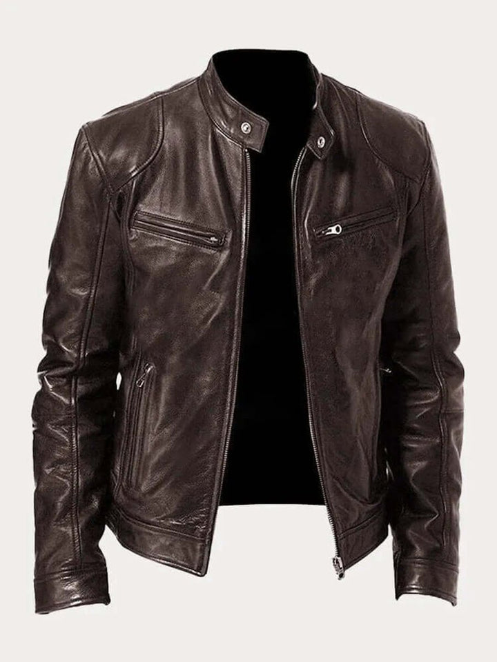 Herren Klassische Echtleder Bikerjacke mit Stehkragen Reißverschluss - Braun
