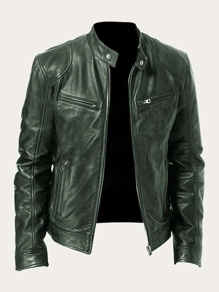 Herren Klassische Echtleder Bikerjacke mit Stehkragen Reißverschluss - Militärgrün