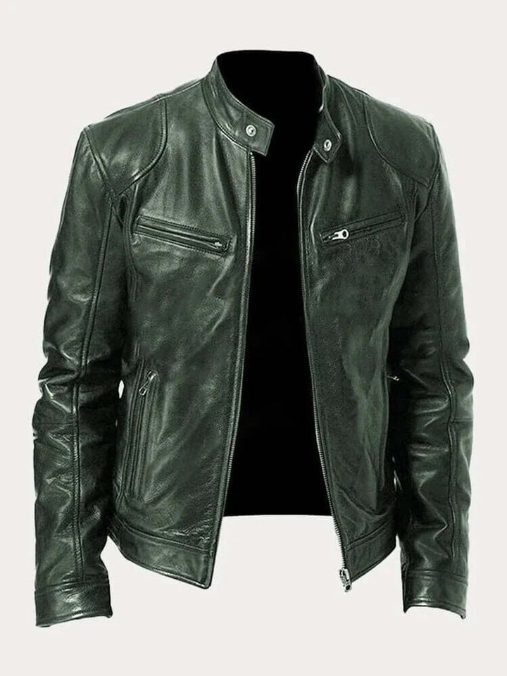 Herren Klassische Echtleder Bikerjacke mit Stehkragen Reißverschluss - Militärgrün