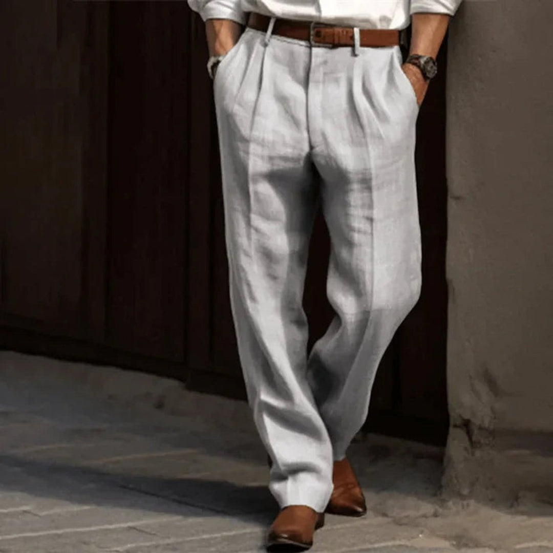 Herren Klassische Plissierte Elegante Leinenhose Lang - Grau