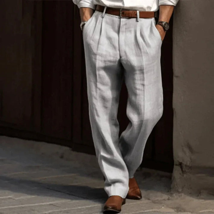 Herren Klassische Plissierte Elegante Leinenhose Lang - Grau
