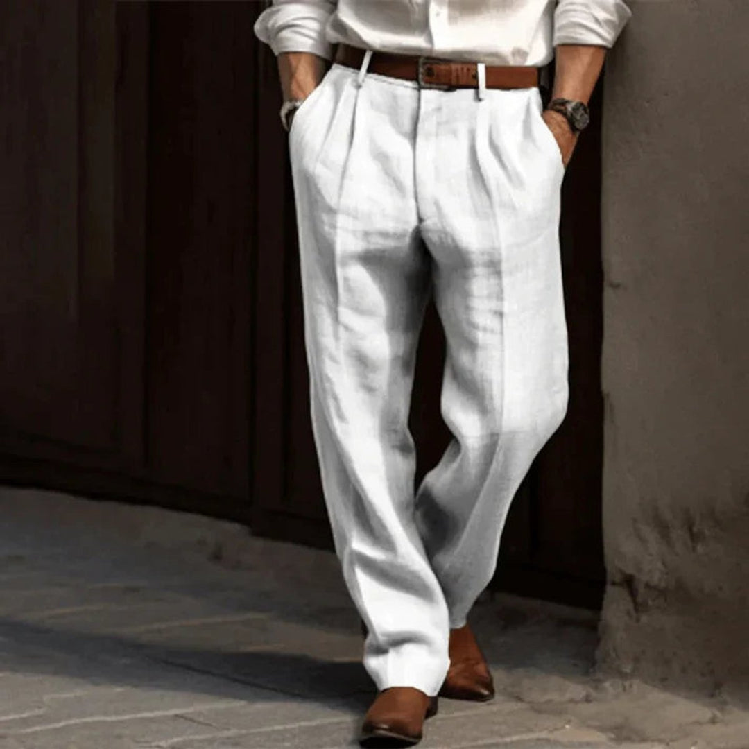 Herren Klassische Plissierte Elegante Leinenhose Lang - Weiß