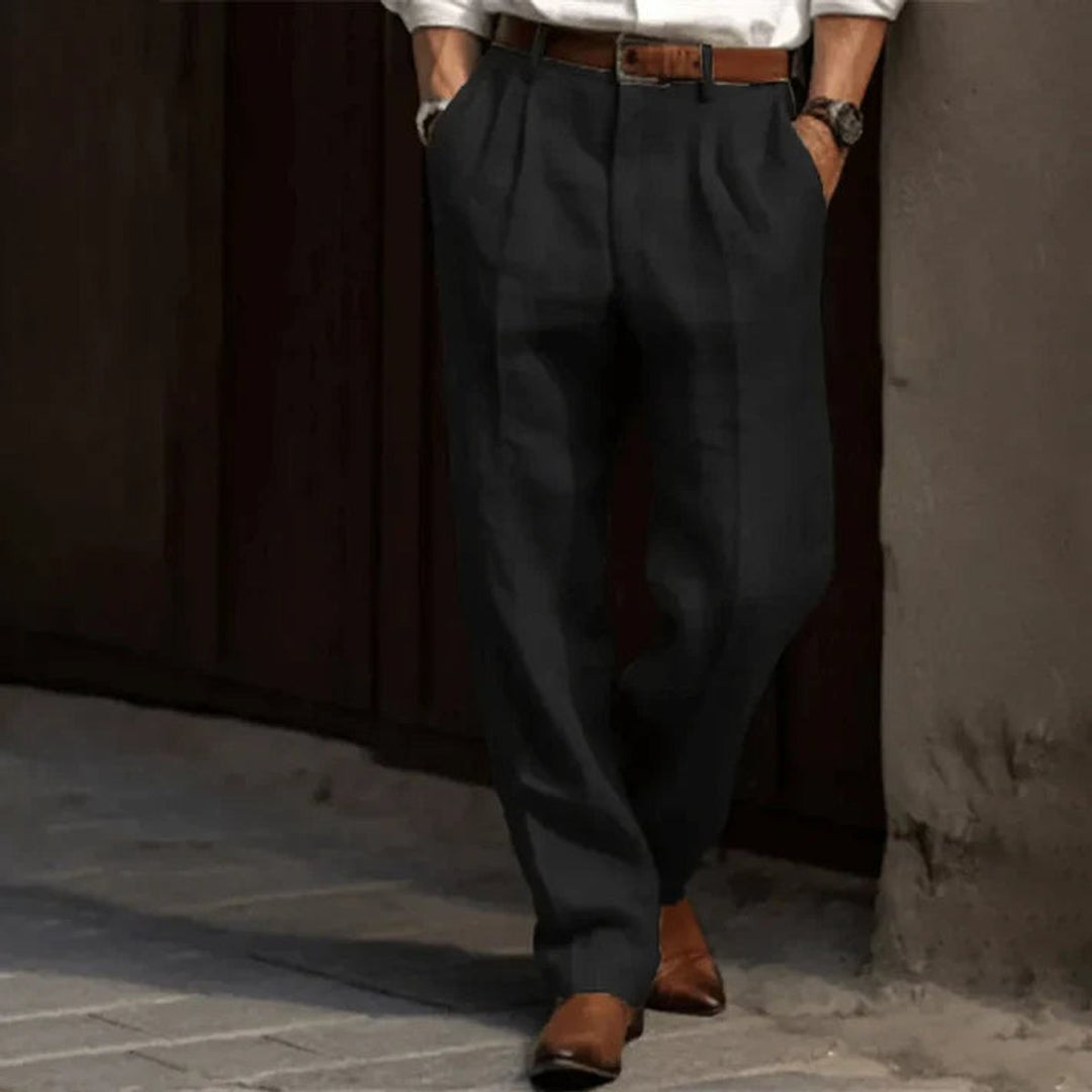Herren Klassische Plissierte Elegante Leinenhose Lang - Schwarz