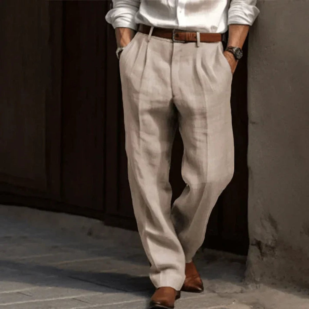 Herren Klassische Plissierte Elegante Leinenhose Lang - Beige