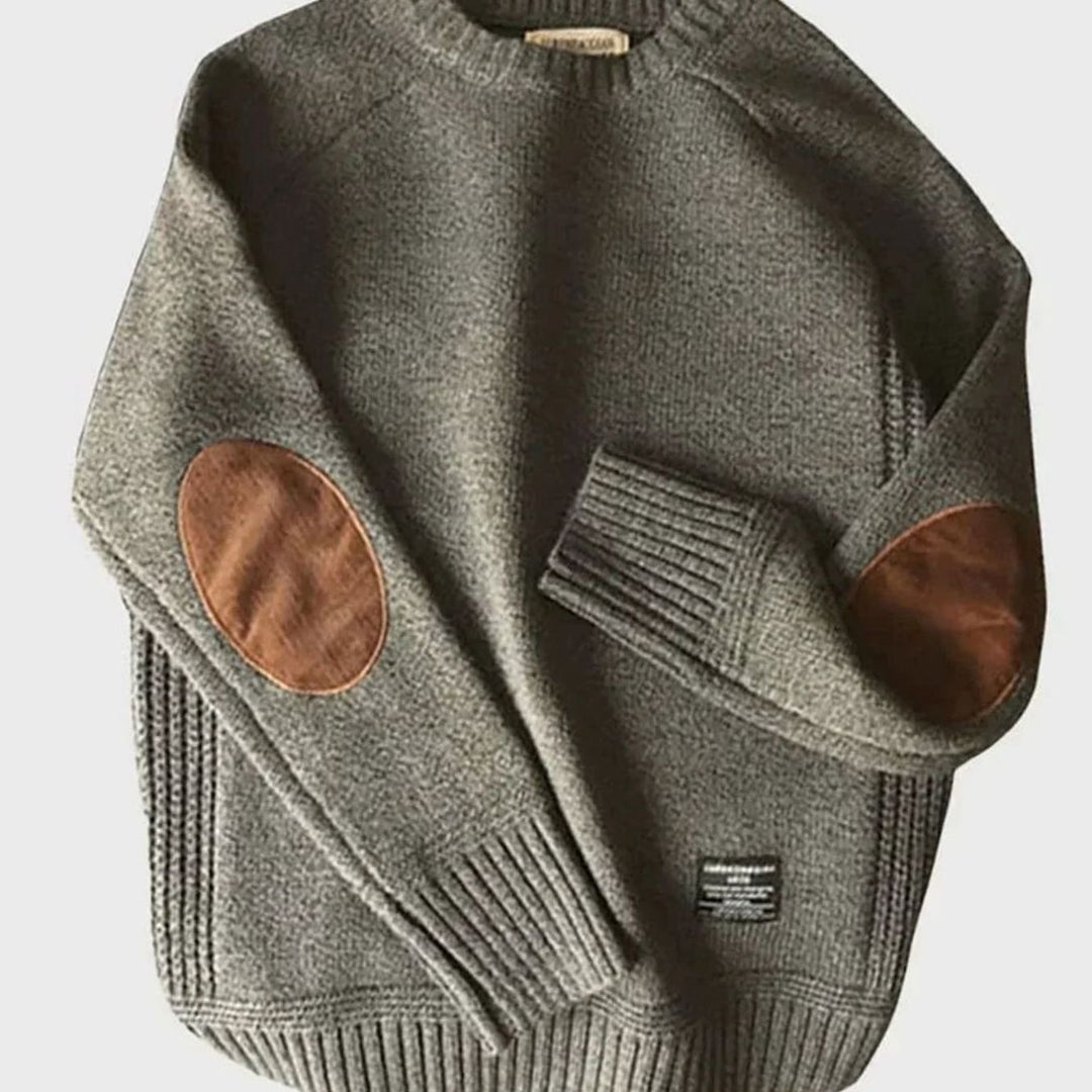 Herren Klassischer Strickpullover mit Ellbogenpatches für den Winter - Grau