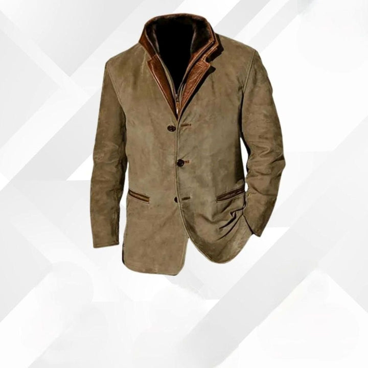 Herren Klassischer Wildleder-Blazer Knopfleiste vorne Lederdetails - Khaki