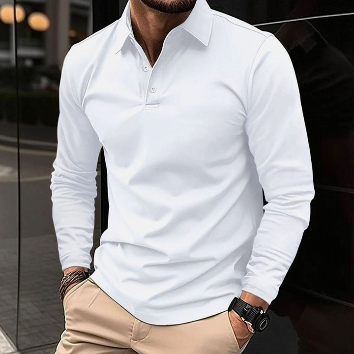 Herren Klassisches Langarm-Poloshirt Slim-Fit Kentkragen - Weiß