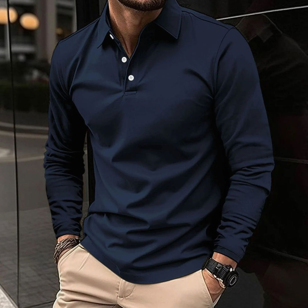 Herren Klassisches Langarm-Poloshirt Slim-Fit Kentkragen - Blau