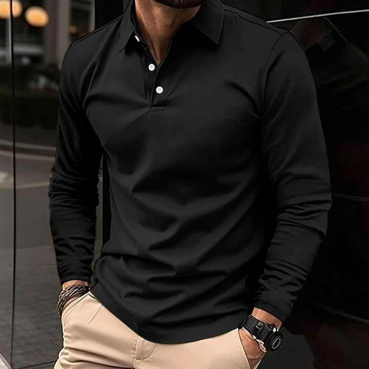 Herren Klassisches Langarm-Poloshirt Slim-Fit Kentkragen - Schwarz