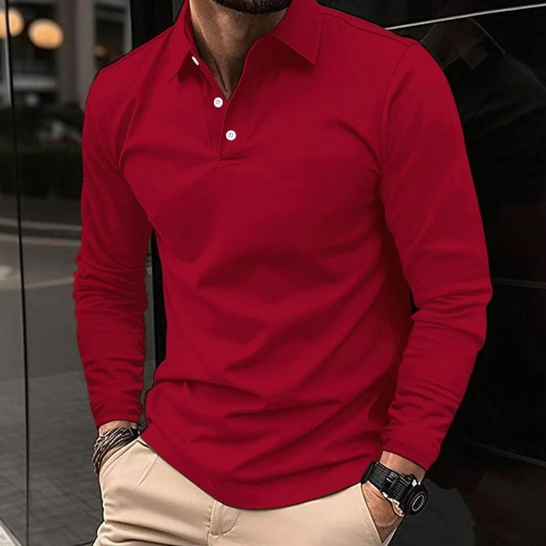 Herren Klassisches Langarm-Poloshirt Slim-Fit Kentkragen - Rot