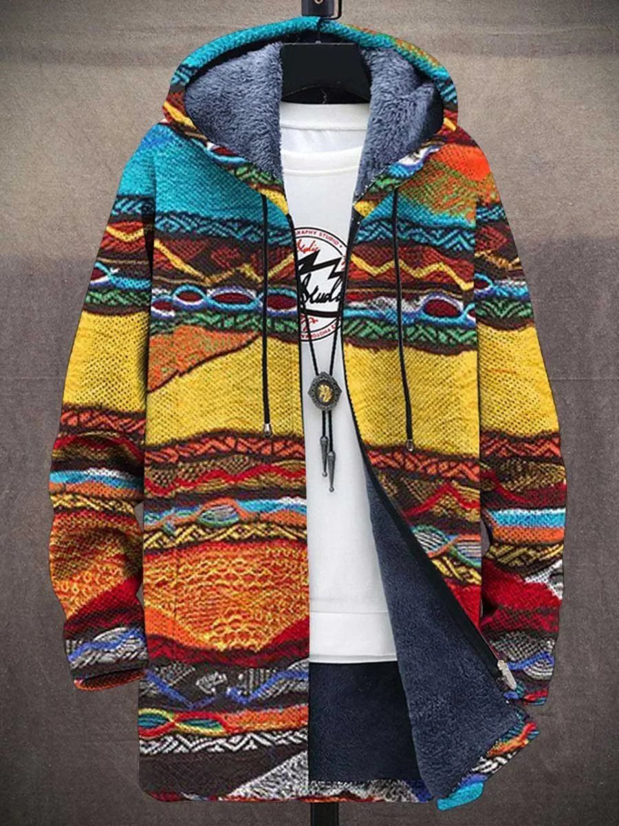 Herren Kunstdruck Fleece-Gefütterter Oversized Mens Cardigan mit Kapuze - Retro