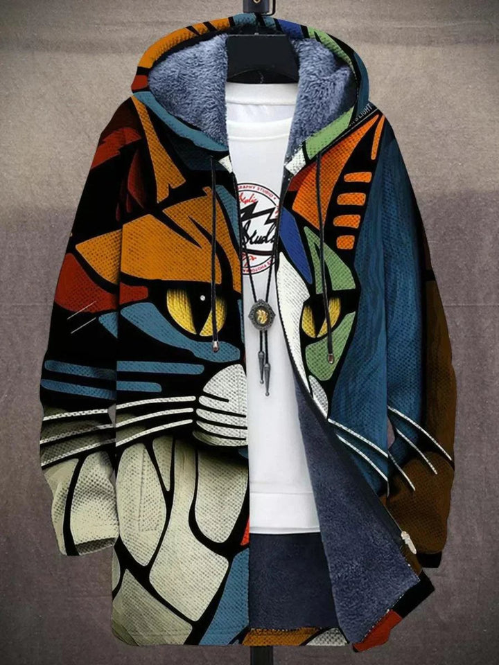 Herren Kunstdruck Fleece-Gefütterter Oversized Mens Cardigan mit Kapuze - Katze