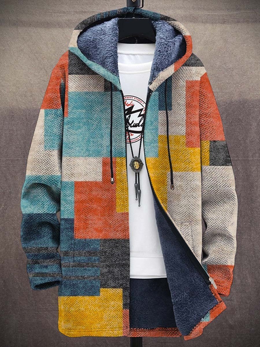Herren Kunstdruck Fleece-Gefütterter Oversized Mens Cardigan mit Kapuze - Mehrfarbig