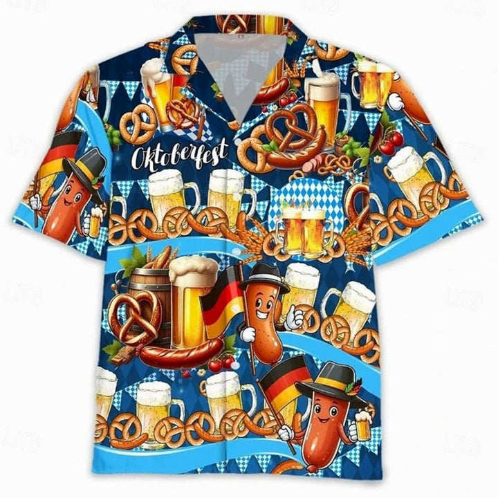 Herren Kurzarm-Hawaiihemd Oktoberfest Bier Brezel Motiv