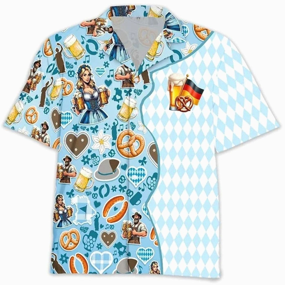 Herren Kurzarm-Hawaiihemd Oktoberfest Bier Brezel Motiv