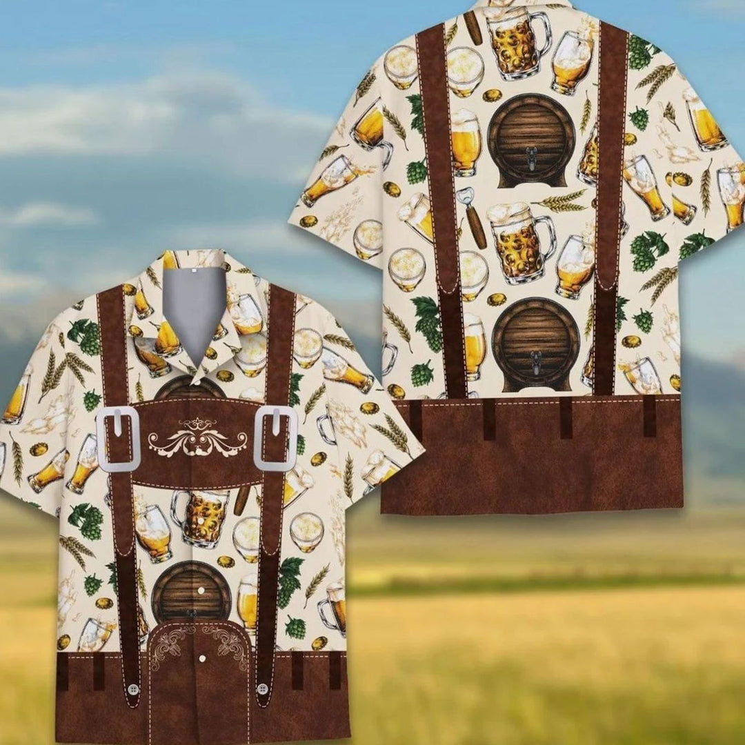 Herren Kurzarm-Hawaiihemd Oktoberfest Lederhosen-Motiv Bierkrug