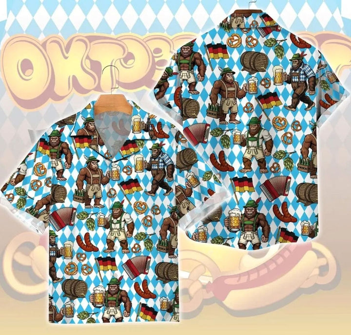 Herren Kurzarm-Hawaiihemd Oktoberfest Lederhosen-Motiv Bierkrug
