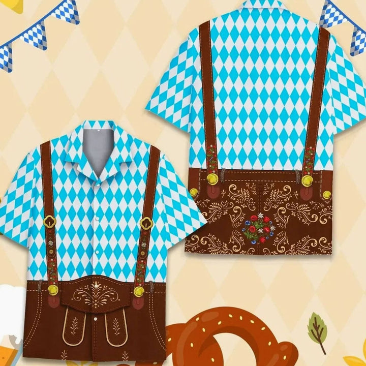 Herren Kurzarm-Hawaiihemd Oktoberfest Lederhosen-Motiv Bierkrug