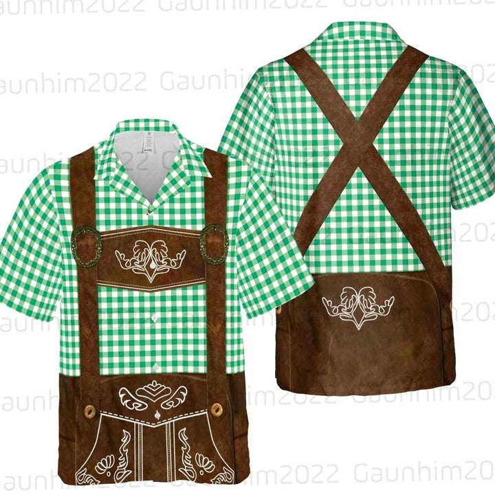 Herren Kurzarm-Hawaiihemd Oktoberfest Lederhosen-Motiv Bierkrug