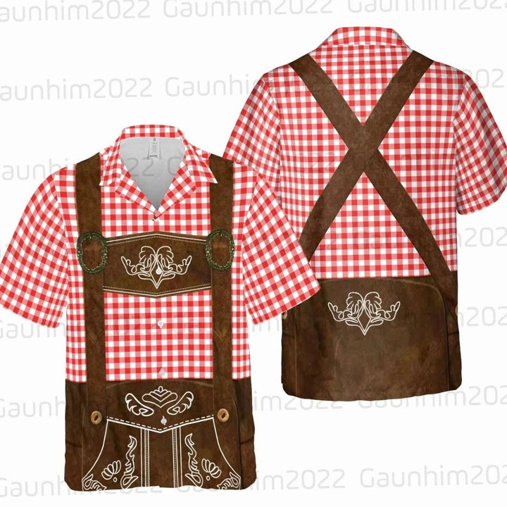 Herren Kurzarm-Hawaiihemd Oktoberfest Lederhosen-Motiv Bierkrug