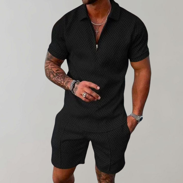Herren Kurzarm-Poloshirt Shorts Set 2-teilig Reißverschluss Sommer - Schwarz