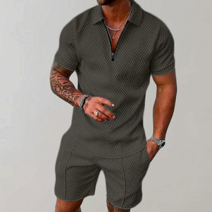 Herren Kurzarm-Poloshirt Shorts Set 2-teilig Reißverschluss Sommer - Grün