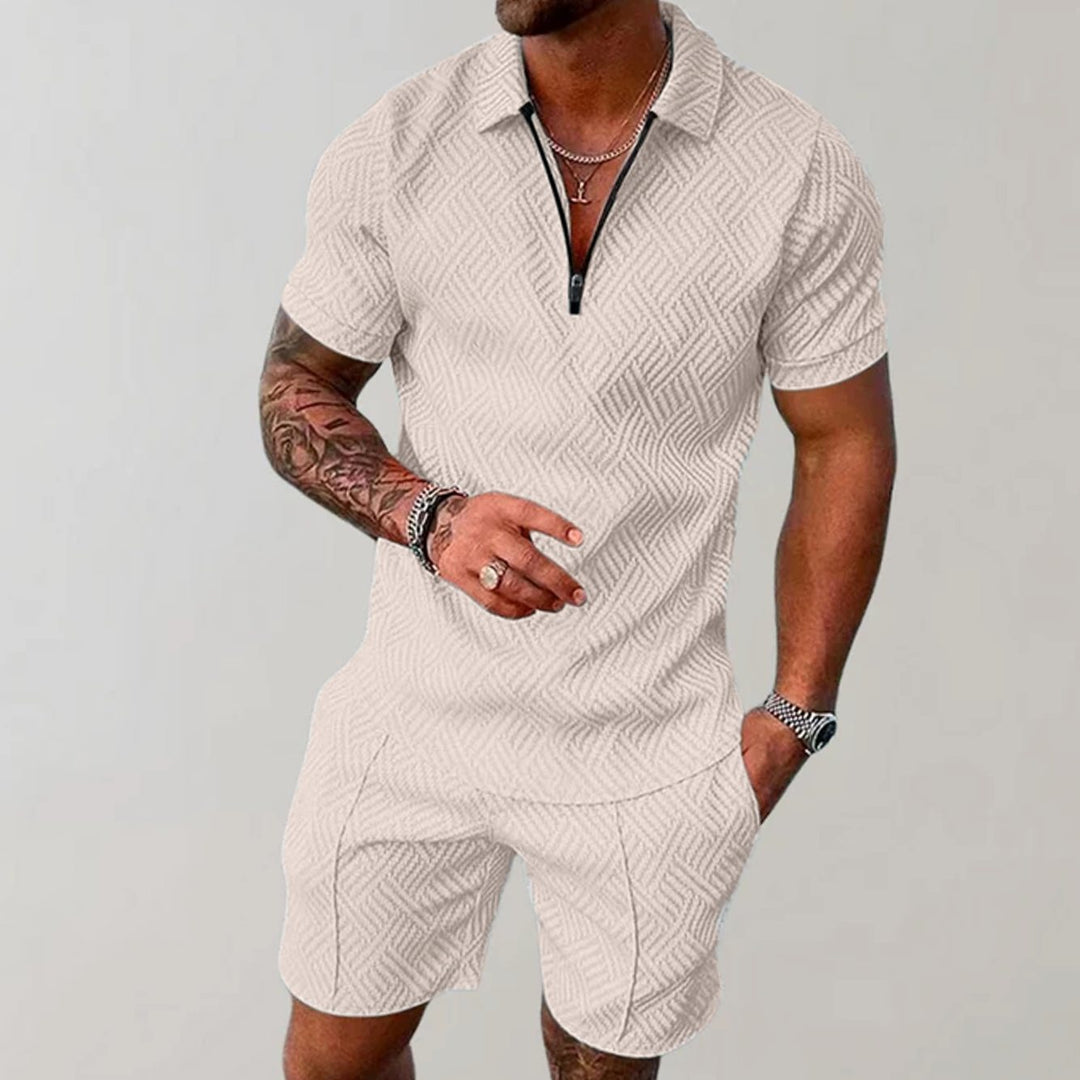 Herren Kurzarm-Poloshirt Shorts Set 2-teilig Reißverschluss Sommer - Beige