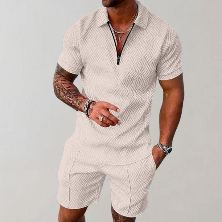 Herren Kurzarm-Poloshirt Shorts Set 2-teilig Reißverschluss Sommer - Beige