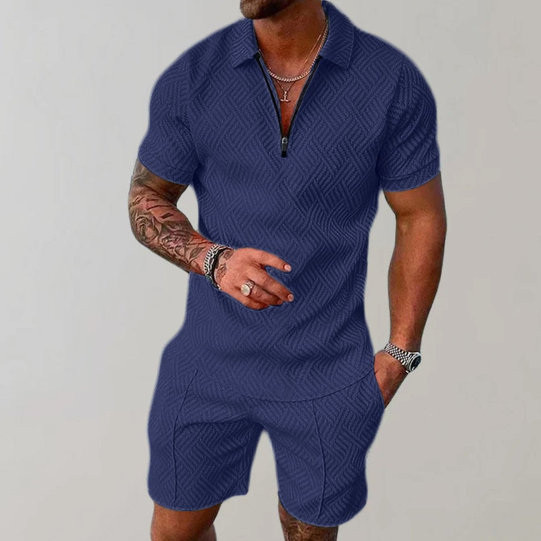 Herren Kurzarm-Poloshirt Shorts Set 2-teilig Reißverschluss Sommer - Marineblau