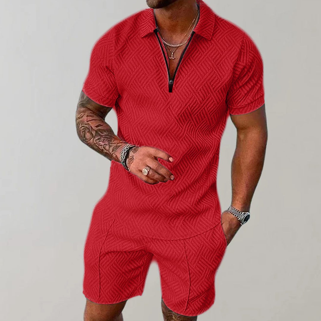 Herren Kurzarm-Poloshirt Shorts Set 2-teilig Reißverschluss Sommer - Rot