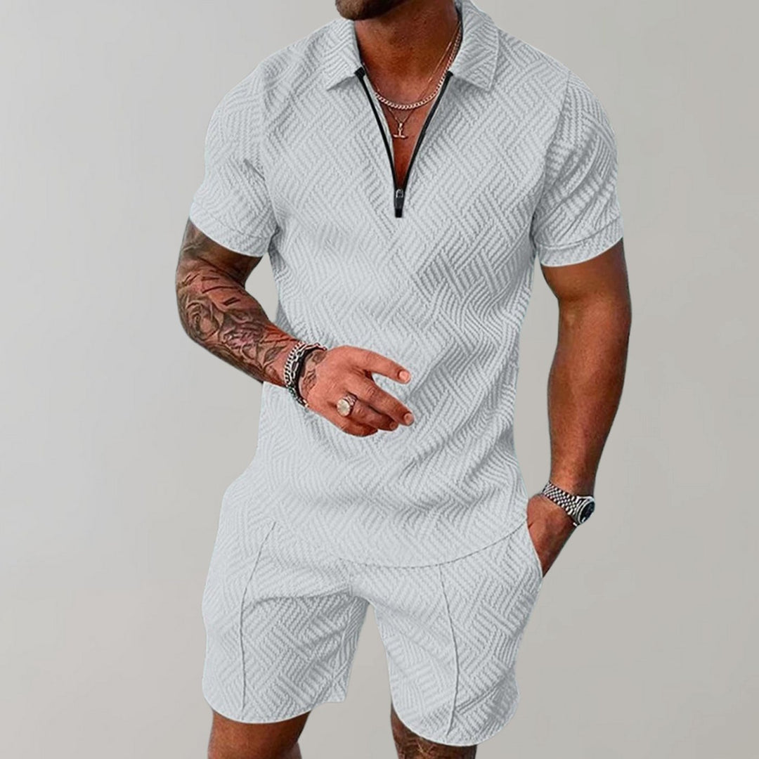 Herren Kurzarm-Poloshirt Shorts Set 2-teilig Reißverschluss Sommer - Weiß